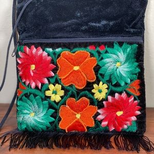 Black Velvet Flowered Embroidered Fringe Purse Hand Bag Tassel Zip Closure